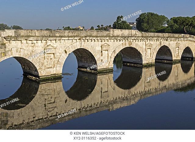 Rimini, Rimini Province, Italy. The Bridge of Tiberius or Bridge of Augustus crossing the Marecchia river. The bridge was started in the reign of the Emperor...