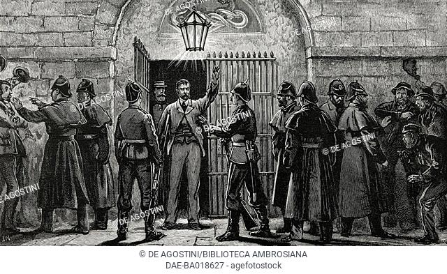 Arrival of Pat Scrab Nally at Kilmainham Prison, Dublin, Coercion Act, Land War in Ireland, illustration from the magazine The Graphic, volume XXIII, n 590