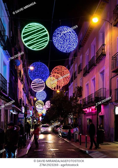 Christmas lights. Hortaleza Street. Madrid, Spain