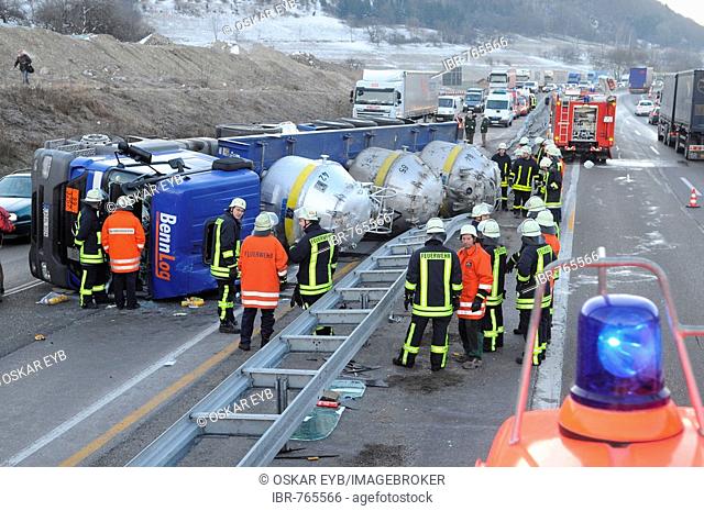Dangerous goods truck accident on the A8 near Gruibingen, Goeppingen Region, Baden-Wuerttemberg, Germany, Europe