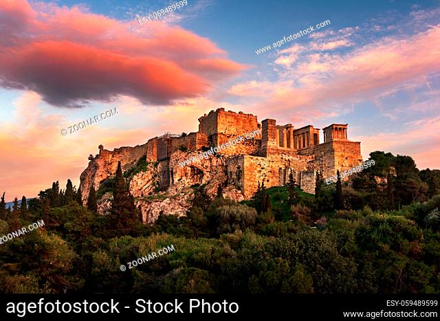 View of Acropolis from the Areopagus Hill in the Evening, Athens, Greece