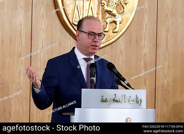 28 February 2020, Tunisia, Carthage: Tunisian new Prime Minister Elyes Fakhfakh, speaks during a government handover ceremony from former Prime Minister Youssef...