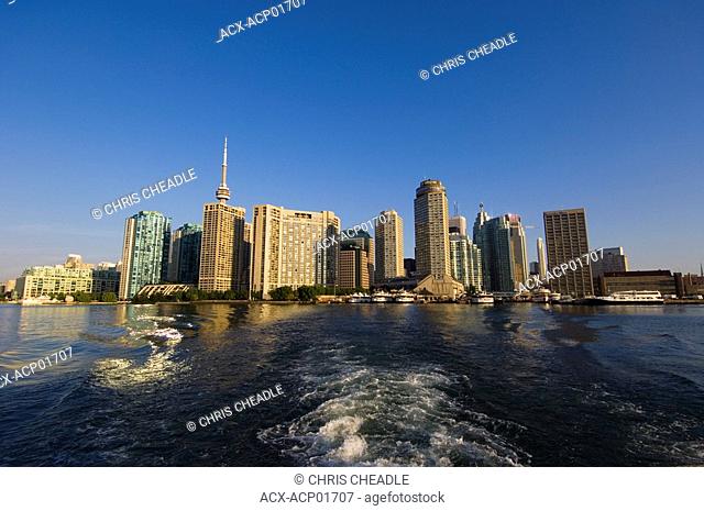 View of skyline from Toronto Islands ferry on Lake Ontario, Toronto, Ontario, Canada