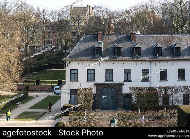 Ixelles, Brussels / Belgium: Landscape view over the park and site of the La Cambre Abbey with a pedestrian walking path