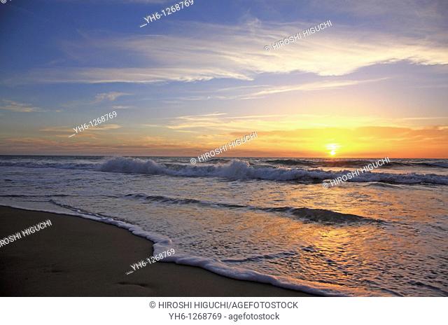 France, Gironde, Montalivet-les-Bains, sunset at Atlantic Ocean