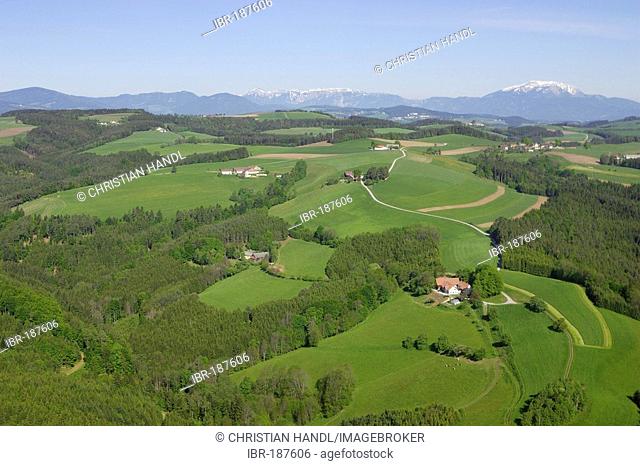 Aerial shot of farm house in the area called Bucklige Welt, Lower Austria, Austria