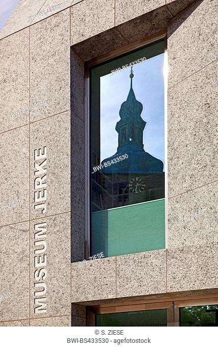 Museum Jerke, detail with mirror image of the steeple of the church St. Peter, Germany, North Rhine-Westphalia, Ruhr Area, Recklinghausen
