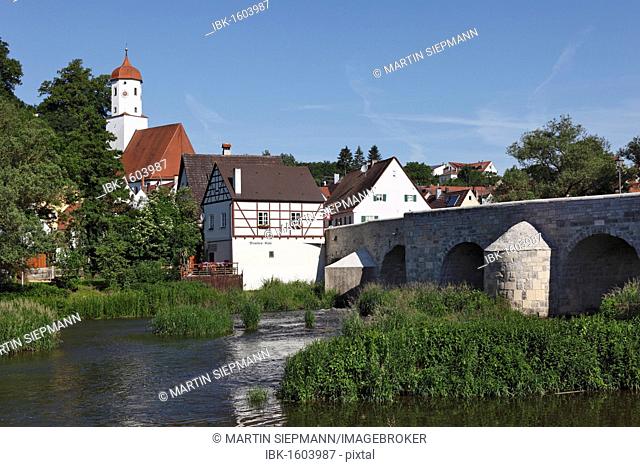 Bridge over the Woernitz river, Harburg, Schwaben, Bavaria, Germany, Europe