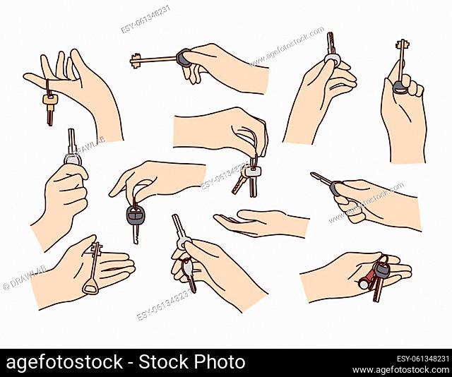 Set of people hands holding keys to new apartment or car. Collection of person owners celebrate possession. Concept of ownership. Rental and realty