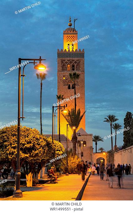 The Minaret of Koutoubia Mosque illuminated at night, UNESCO World Heritage Site, Marrakech, Morocco, North Africa, Africa