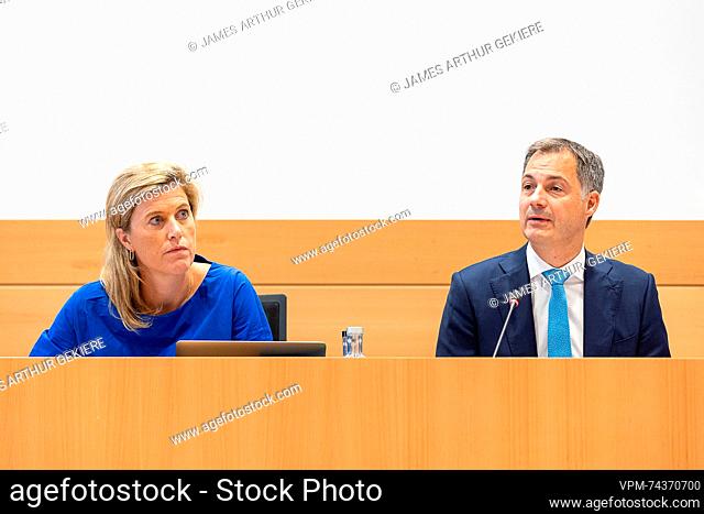 Interior Minister Annelies Verlinden and Prime Minister Alexander De Croo pictured during a session of the chamber commission for Interior Affairs