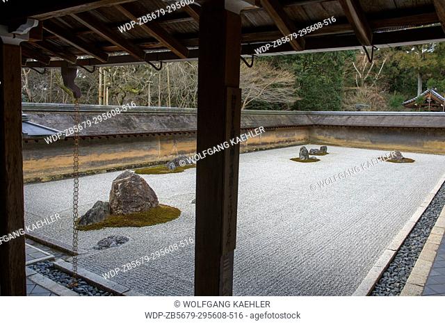 The kare-sansui (dry landscape) Zen rock garden at Ryoan-ji Temple in Kyoto, Japan