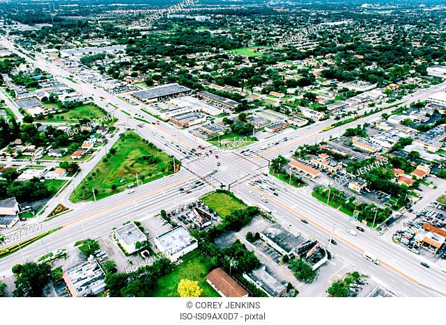 Aerial view of crossroads in urban sprawl, Miami, Florida, USA