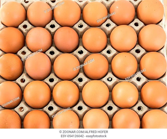 braune Eier aus biologischer Freilandhaltung in einem Eierkarton gereiht