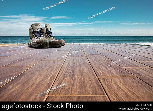 Hiking boots on the Bulgarian Black Sea coast