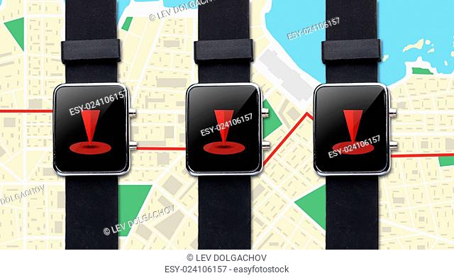 modern technology, navigation, location, object and media concept - close up of black smart watch with gps navigator map