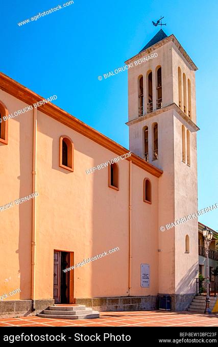 San Teodoro, Sardinia / Italy - 2019/07/15: San Teodoro church - Chiesa di San Teodoro - at Piazza Mediterraneo square of resort town at Costa Smeralda coast of...