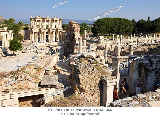 View of Ephesus Archaeological Site with Celsus Library at the background  Izmir province, Turkey