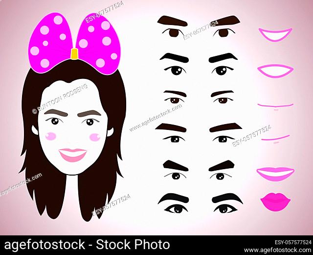 cartoon cute girl character pack facial emotions design elements isolated vector illustration