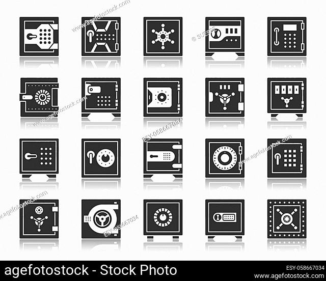 Safe silhouette icons set. Sign kit of bank cell. Keep Money pictogram collection includes armored insurance finance, financial stability