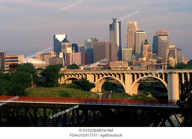 skyline, Minneapolis, MN, Minnesota, Twin Cities, Downtown skyline of Minneapolis and Stone Arch Bridge along the Mississippi River