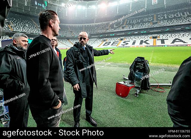Club's head coach Ronny Deila talks to the UEFA match delegate as they look at the state of the pitch ahead of a press conference of Belgian soccer team Club...