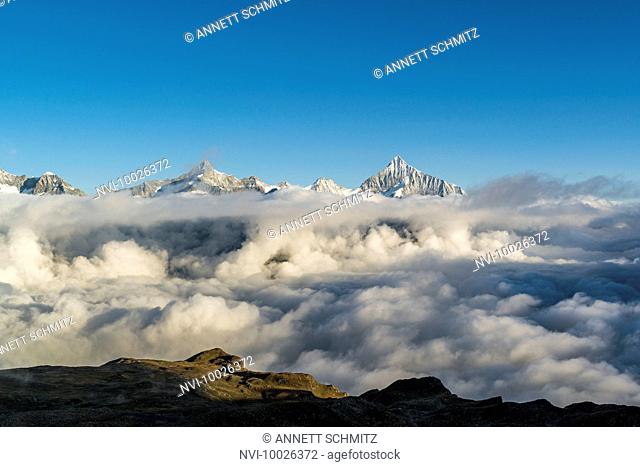 View from Gornergrat (3089 m) at sunrise to Pennine Alps, Zermatt, Switzerland