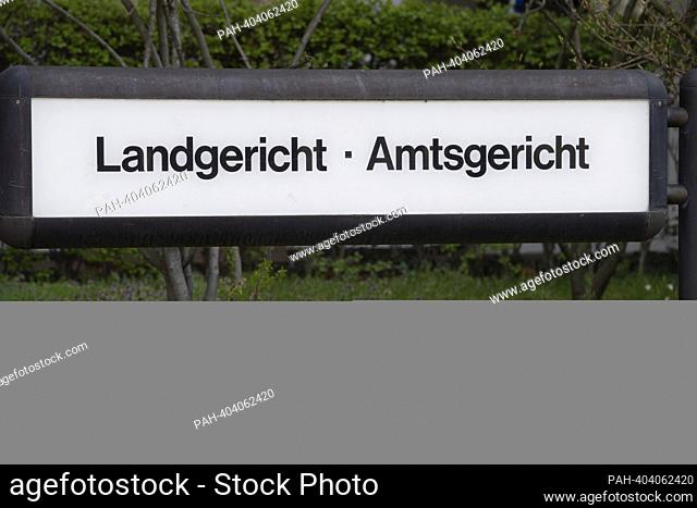 Sign LANDGERICHT / AMTSGERICHT in front of the entrance to the court building, feature, marginal motifs, symbolic photo, legal dispute in the matter of Cardinal...