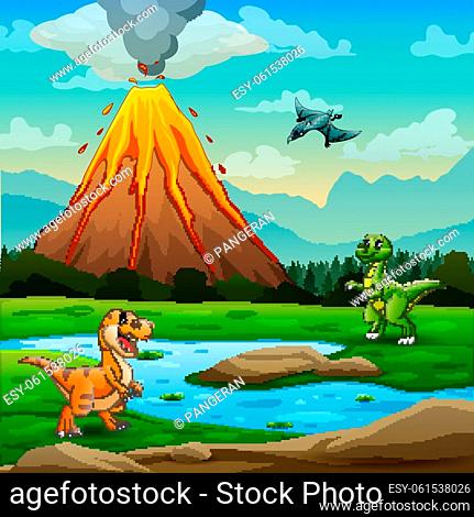 Cute dinosaurs with volcano erupting background illustration