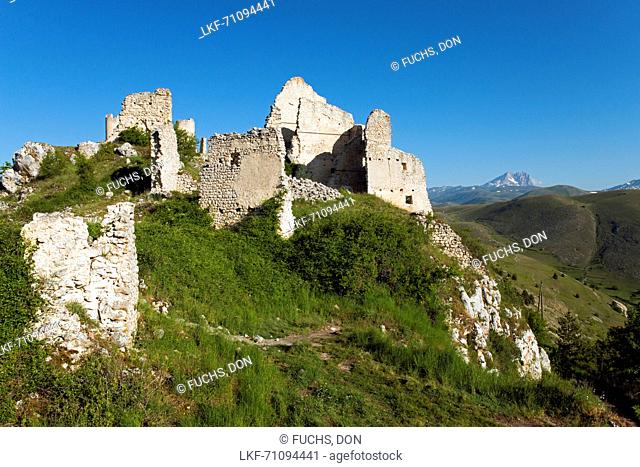 The ruins of the castle of Rocca Calascio in the Gran Sasso NP with the Corno Grande in the background
