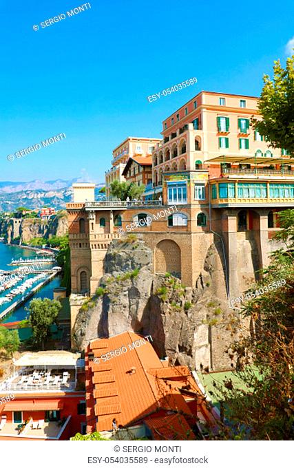 Panorama of the sea coast of resort town Sorrento, Naples, Italy