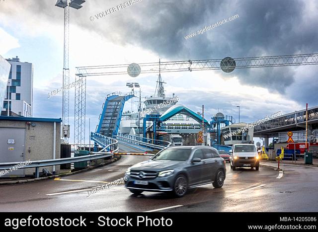 Helsingborg, Helsingborg harbor, cars driving off ferry from Helsingör in Skane län, Scania, Schonen, Sweden