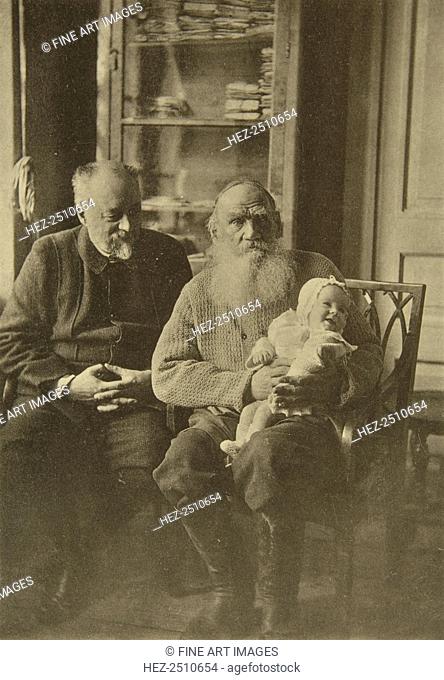 Russian author Leo Tolstoy with his son-in-law and granddaughter, Russia, c1905-c1906. Mikhail Sukhotin married Tolstoy's (1828-1910) eldest daughter Tatyana...