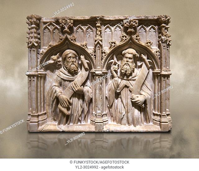 Gothic alabaster relief sculpture of two profits by Pere Oller, circa 1415, from the convent del Carme, Girona, Spain. . National Museum of Catalan Art