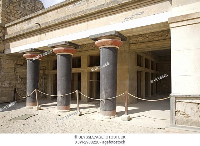 Hall of the double axes, Knossos palace archaeological site, Crete island, Greece, Europe