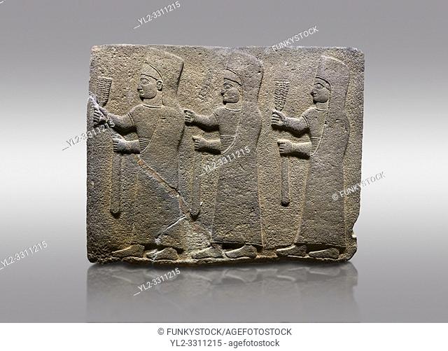 Picture & image of Hittite monumental relief sculpted orthostat stone panel of a Procession. Basalt, KarkamÄ±s, (KargamÄ±s), Carchemish (Karkemish), 900-700 B