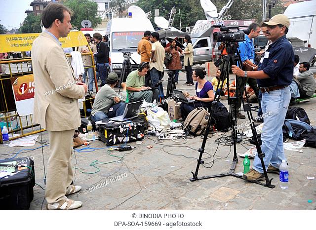 European Media outside Taj Mahal Hotel after terrorist attack in Bombay Mumbai ; Maharashtra ; India 26-November-2008  NO MR