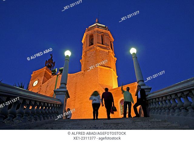 Stairs, Church of Sant Bartomeu i Santa Tecla at night, Sitges, Catalonia, Spain