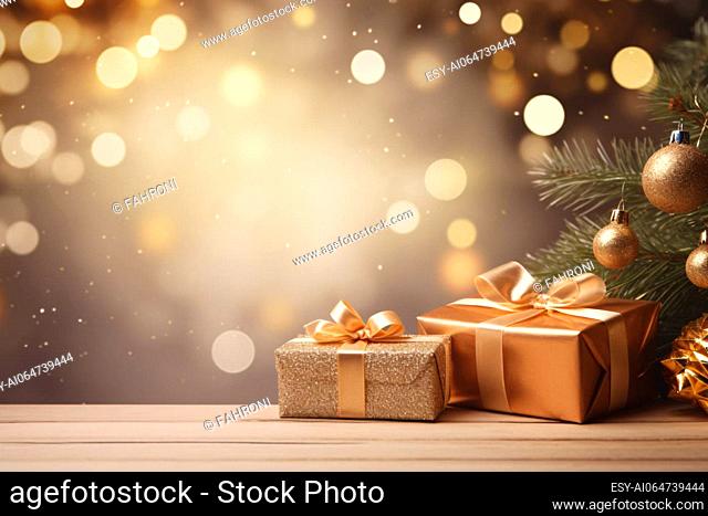 Christmas gift box with gold ribbon bow and golden Christmas ball decoration on wooden table. Merry Christmas present with bokeh background
