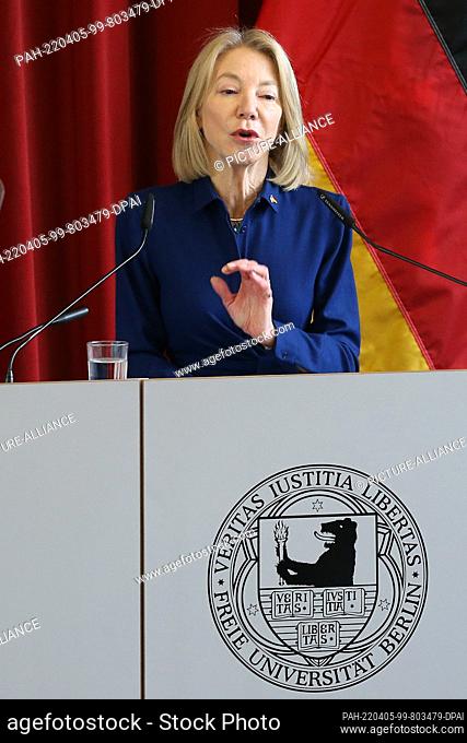 05 April 2022, Berlin: Amy Gutmann, new U.S. ambassador to Germany, delivers her first official speech in the Henry Ford Building at Freie Universität Berlin