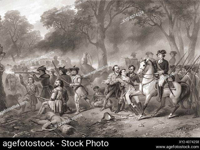 George Washington at the Battle of the Monongahela, July 9, 1755, during the French and Indian War, when Colonel Washington was under the command of British...