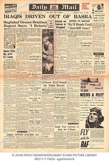1941 front page Daily Mail Iraqis driven out of Basra and RAF bomb Iraq airfields