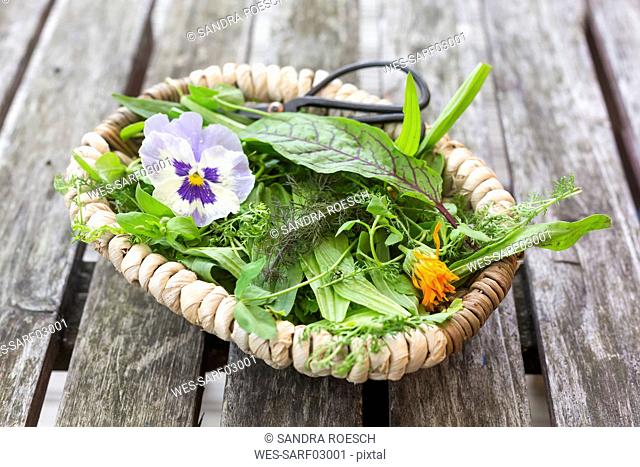 Basket of wild herbs and edible flowers