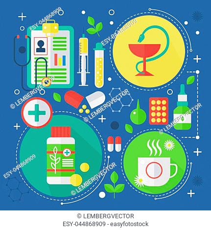 Modern Medicine and healthcare services flat concept. Medical pharmacy technology diagnostics infographics design, web elements, poster banners