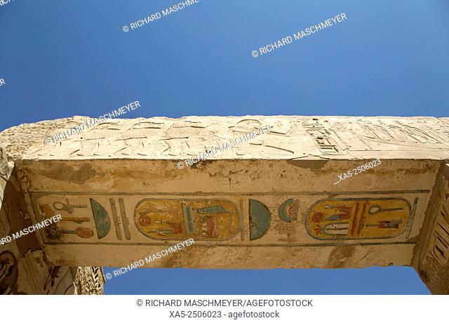 Hieroglyphics on Lintel, Medinet Habu (Mortuary Temple of Ramses III), West Bank, Luxor, Egypt