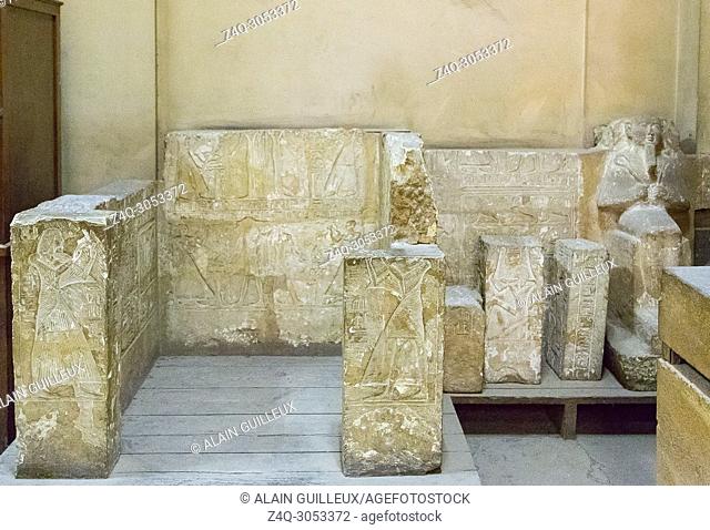 Egypt, Cairo, Egyptian Museum, part of the tomb of Mes (or Mose), from Saqqara. This tomb is very famous for its ""legal text""