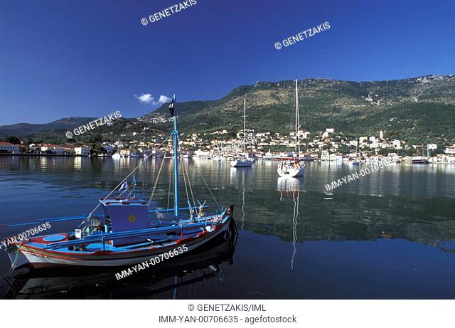 General view of Vathy, fishing boat Ithaki, Ionian Islands, Greece
