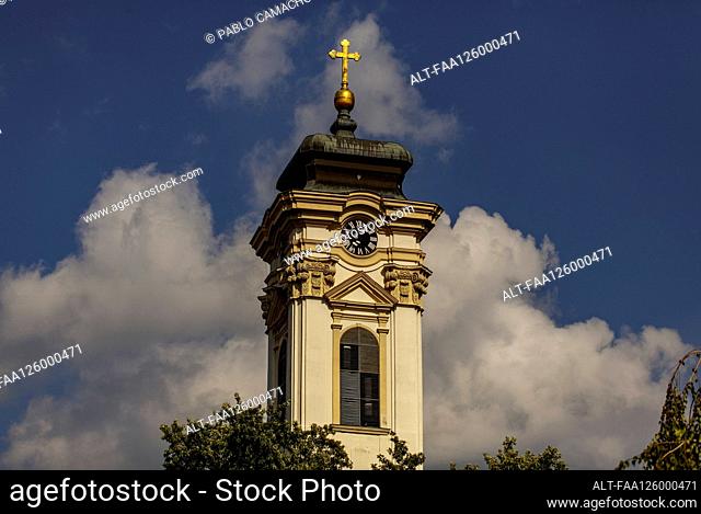 View of clock tower of church, Novi Sad city