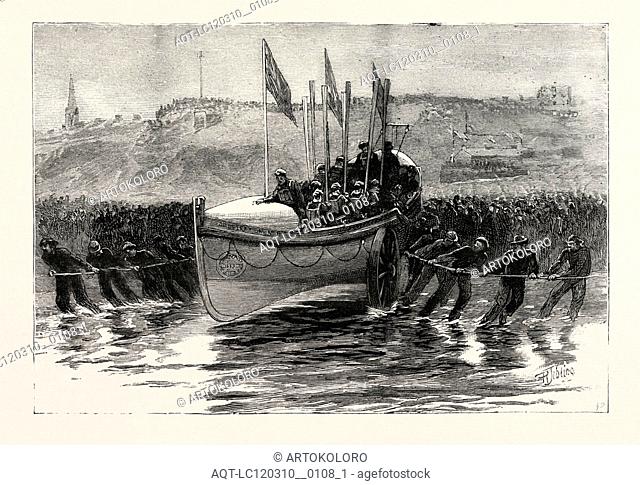THE LAUNCH OF A NEW LIFEBOAT AT CULLERCOATS NORTHUMBERLAND, ENGRAVING 1884, UK, britain, british, europe, united kingdom, great britain, european