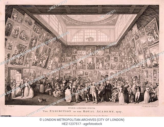 Interior view of Somerset House, Westminster, London, 1788; showing the Royal family viewing an exhibition of the Royal Academy of Arts in 1788